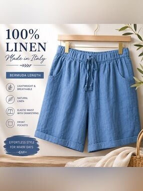 100% Linen Blue Pull-On Shorts | Made in Italy | Elastic Waist